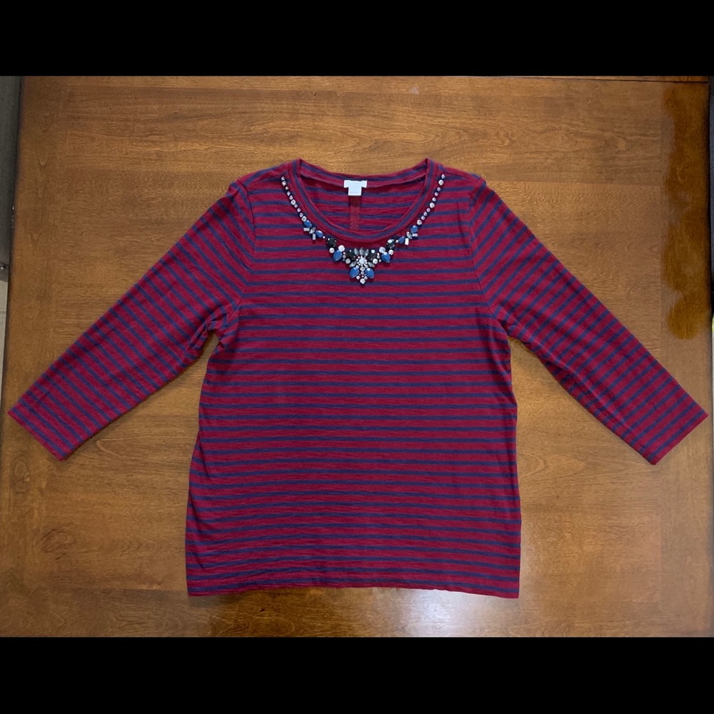 J. Crew 3/4 Sleeve Jeweled Necklace Tee burgundy